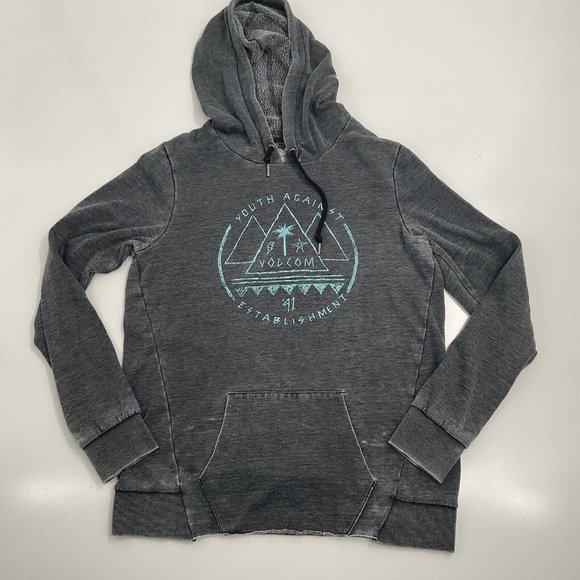 VOLCOM "Youth Against Establishment" Hoodie Gray Youth Size M/12 Drawstring - Picture 1 of 8